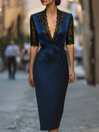 Elegant Lace-Trim V-Neck Belted Midi Dress