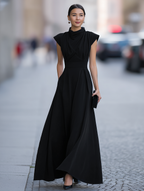 Draped Cap-Sleeve Maxi Dress With Defined Waist