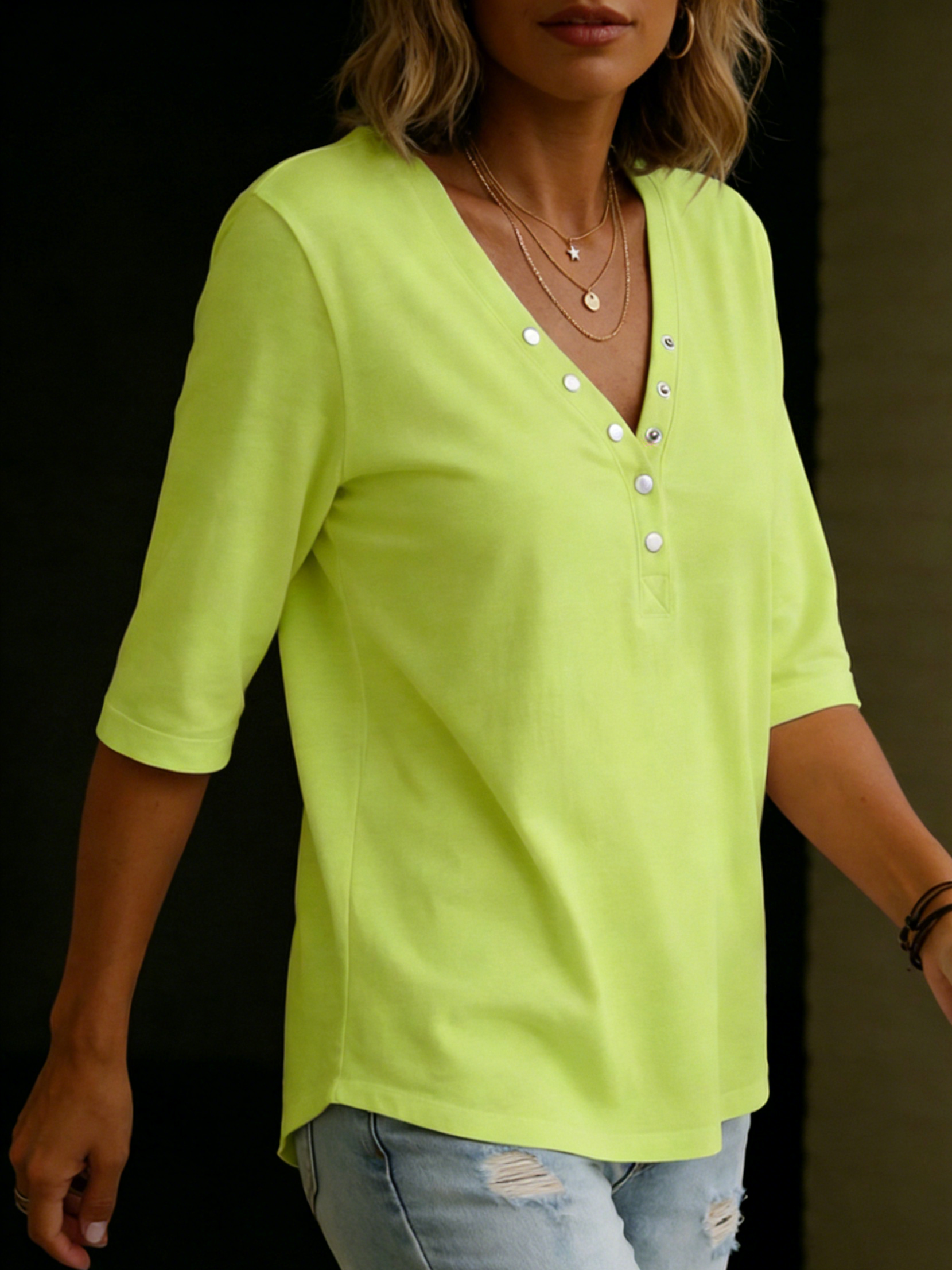 Casual V-neck Snap Button 100% Cotton T-shirt