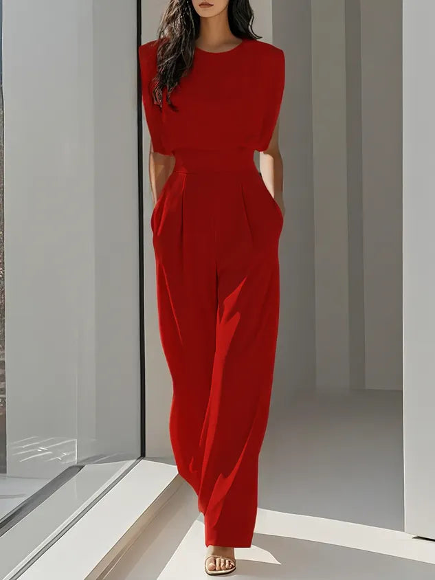 Women Off White Crew Neck Sleeveless Dressy Jumpsuit With Pockets