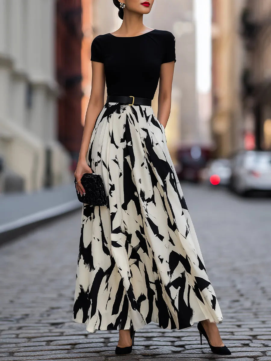 Abstract Print Pleated Maxi Dress