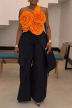 Women's Fashion 3D Floral Trim Vest Layered Pants Set