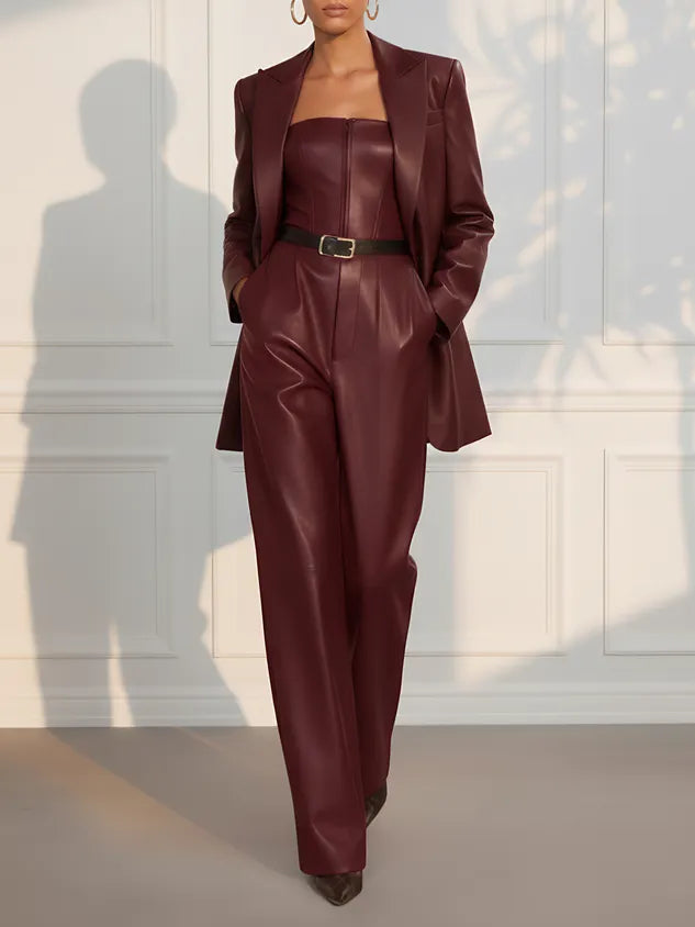 Women Burgundy Faux Leather Pocket Stitching Strapless Sleeveless Modern Jumpsuit