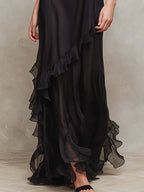 Black Layered Sheer Chiffon Ruffle-Trim Maxi Dress