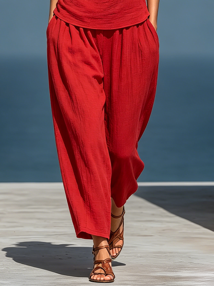Women’s Red Linen Two-Piece Set: Asymmetrical One-Shoulder Top (Without Neck Scarf) & Wide-Leg Pants With Pockets MDZ2201D4T