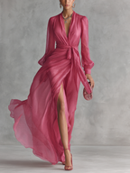 Women's Elegant Rose Pink Pearl Chiffon V-neck Tie-waist Long Dress MDZ1925A7BA