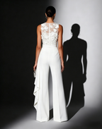 Women White 3D Floral Crew Neck Sleeveless Elegant Jumpsuit