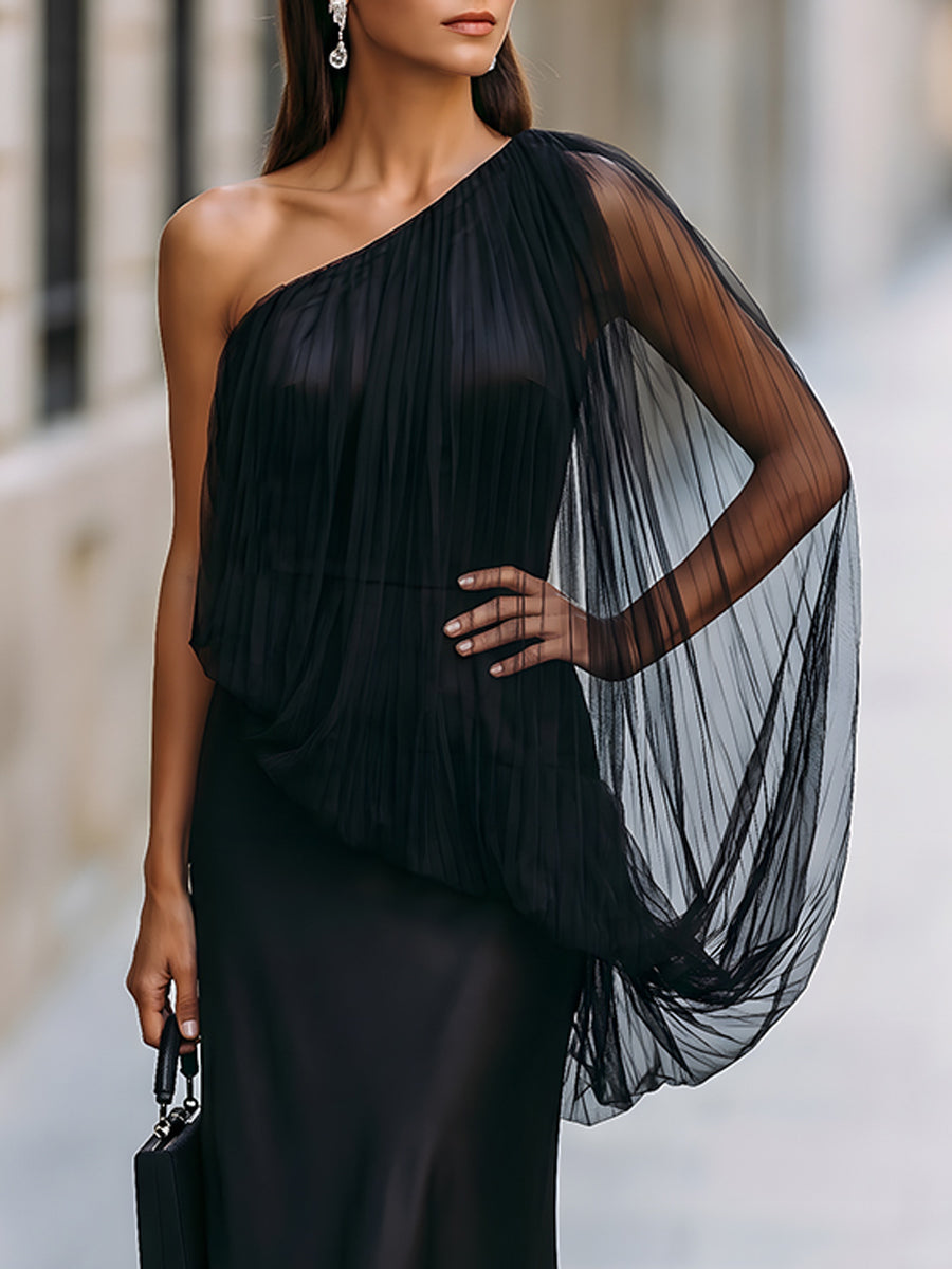 One-shoulder satin mermaid gown with a sheer tulle overlay