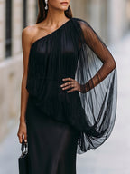 One-shoulder satin mermaid gown with a sheer tulle overlay