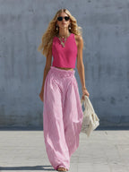Stylish Casual White Cotton Tank Top And Blue Striped Pants Set