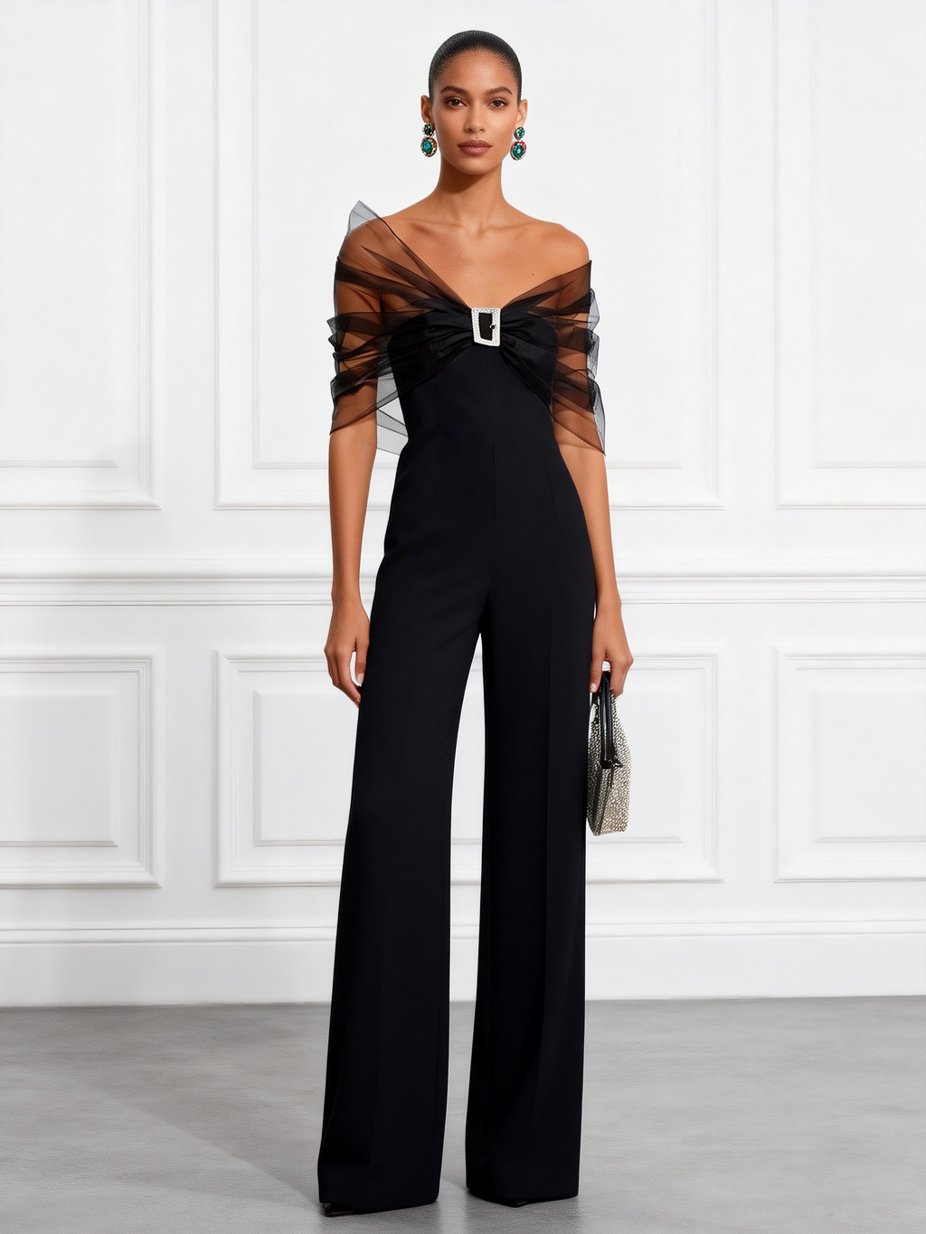 Women Black Mesh Rhinestone V Neck Short Sleeve Elegant Jumpsuit