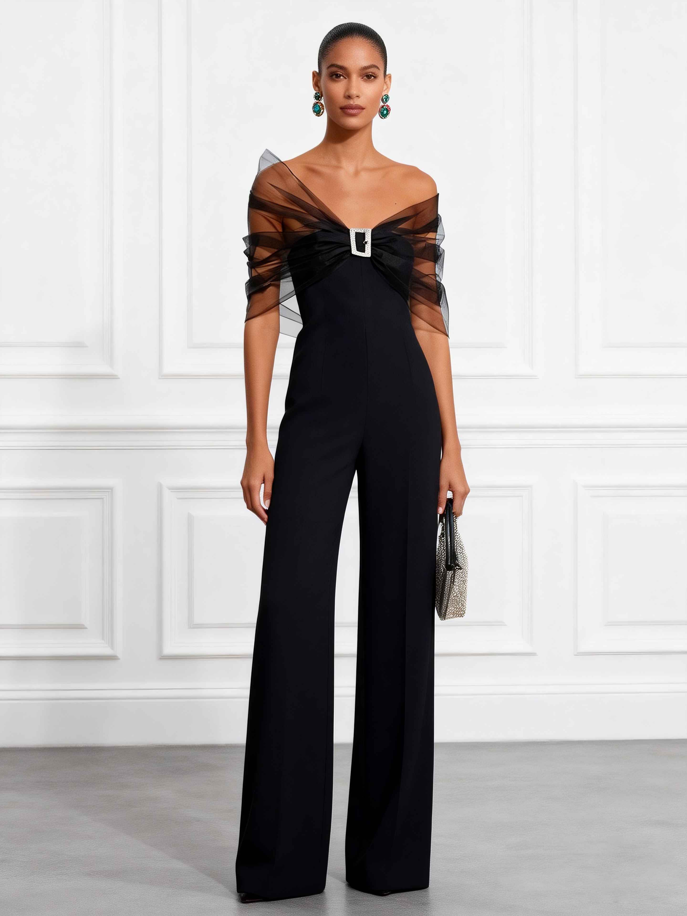 Women Black Mesh Rhinestone V Neck Short Sleeve Elegant Jumpsuit