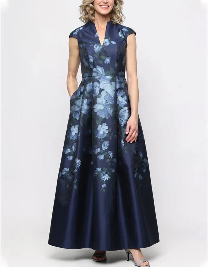 Navy Blue Floral Print Sleeveless A-Line Satin Maxi Dress