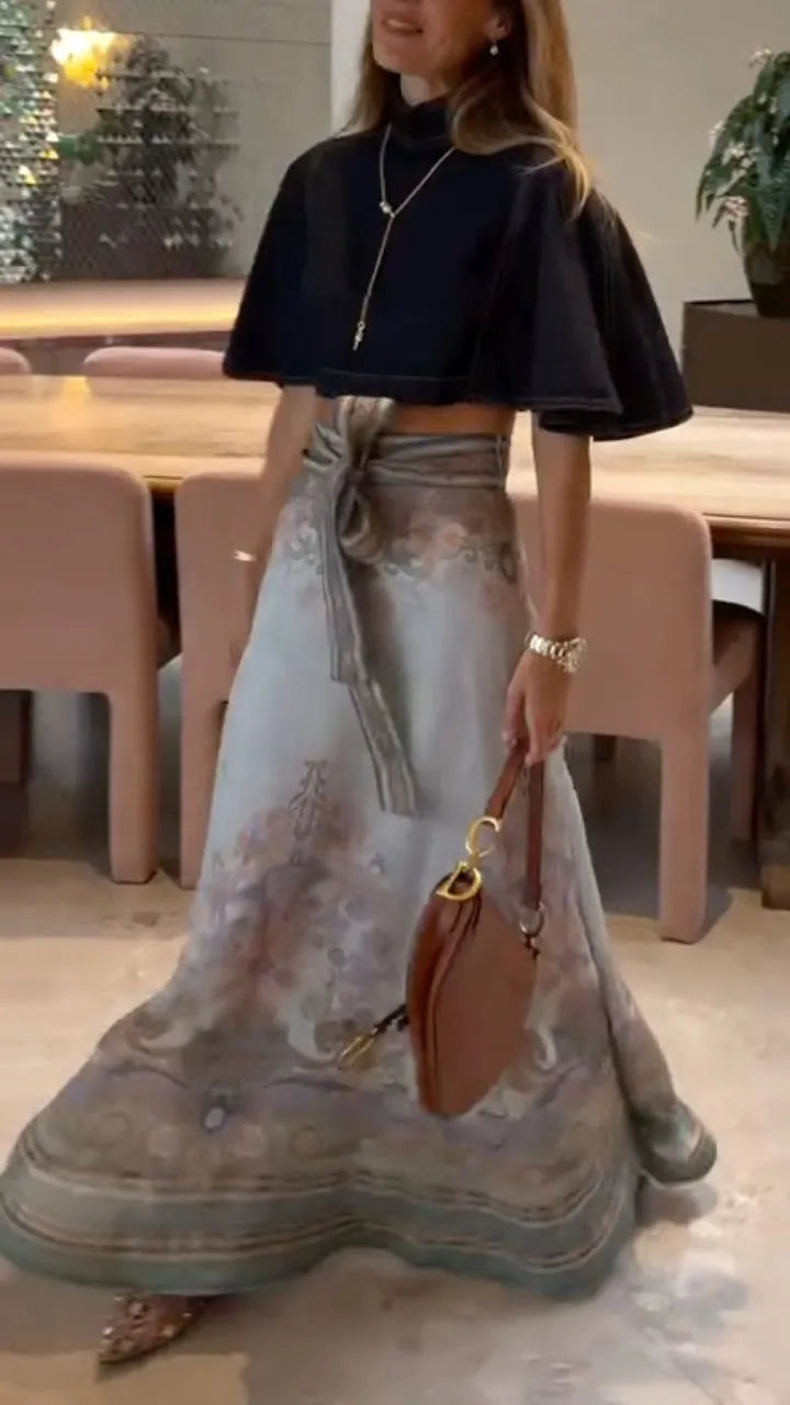 Black Crop Top & Vintage Paisley Print Maxi Skirt 2 Piece Set