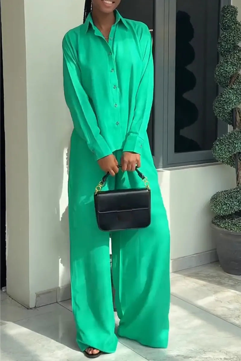 Women Collar Side Slit Shirt + Wide Leg Pants Casual Set