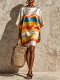 Satin Crew Neck Rainbow Print Mini Dress