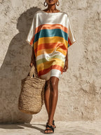 Satin Crew Neck Rainbow Print Mini Dress