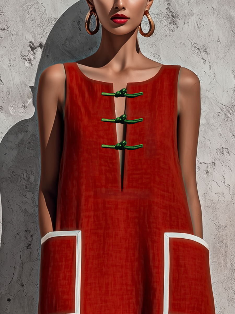 Women's Red Cotton-Linen Blend Sleeveless Midi Dress With Contrasting White Piping And Double Side Patch Pockets MDZ0318F7T