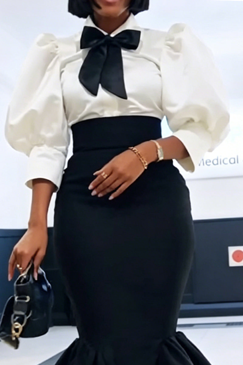 Women's Elegant Puff Sleeve Shirts & High Waist Fishtail Skirt
