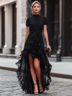 Sheer Ruffle High-Low Tie Waist Maxi Dress