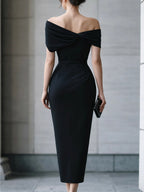 Black Asymmetric Off-Shoulder Midi Dress