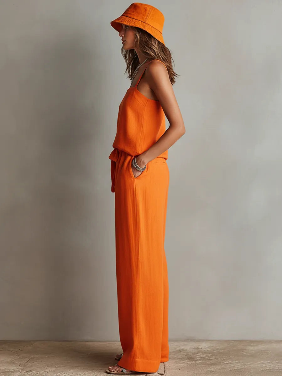Women's Orange Linen Two-Piece Set With Square Neck Cami Top & Tie-Waist Wide-Leg Pants, Timeless Boho-Resort Style Set MDZ0825D5I