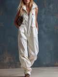 Stylish Silhouette White Denim Sleeveless Jumpsuit