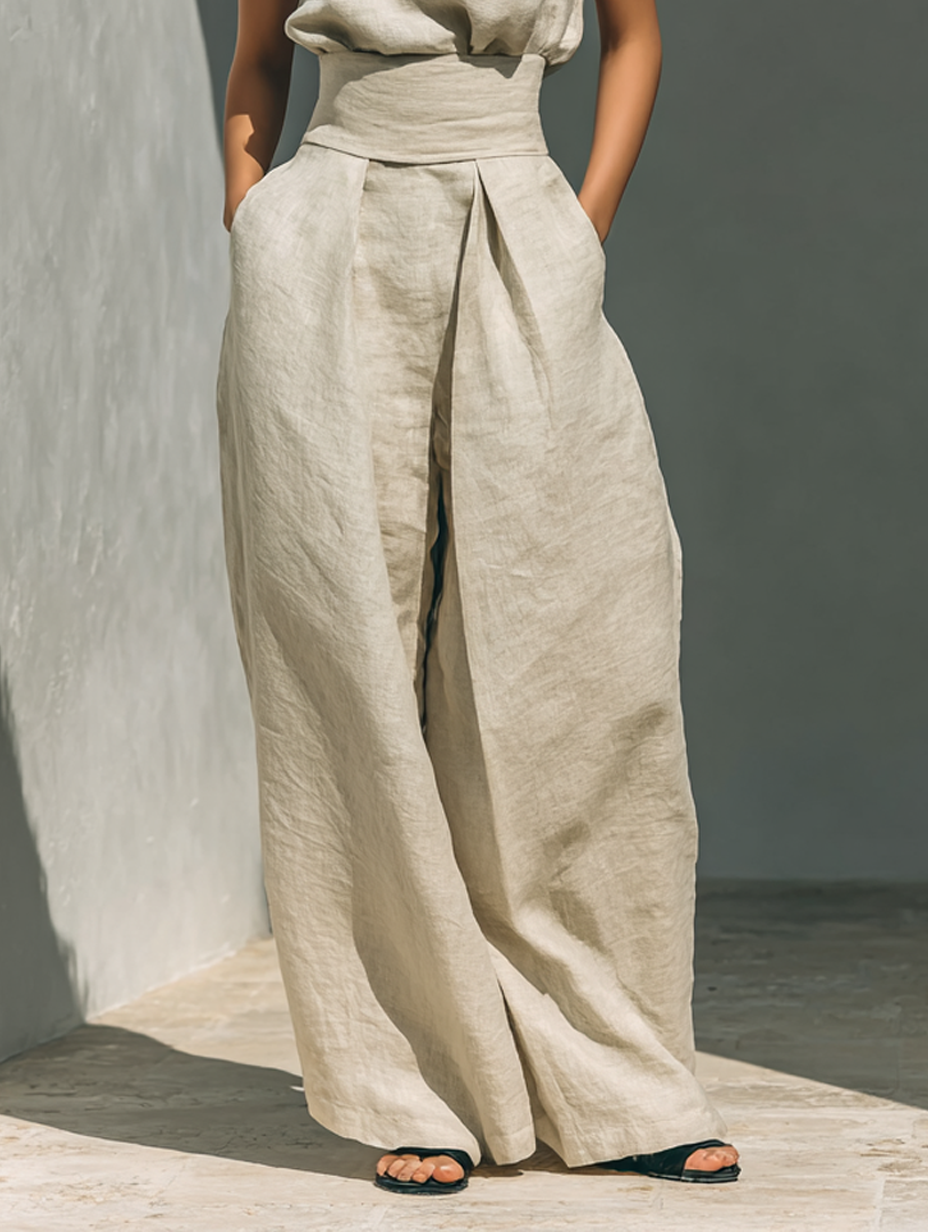 Women's Minimalist Cotton And Linen Blend Sleeveless Blouse And Wide-leg Pants Set MDZ0873A5Y