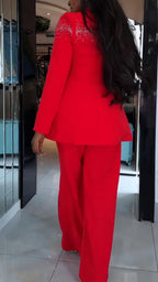 Women V-neck Hot Diamond Blazer + Pants Temperament Commuting Suit