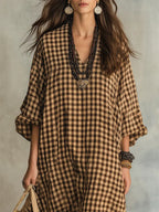 Women's Retro Plaid Art Casual Stylish Cotton Linen Maxi Dress