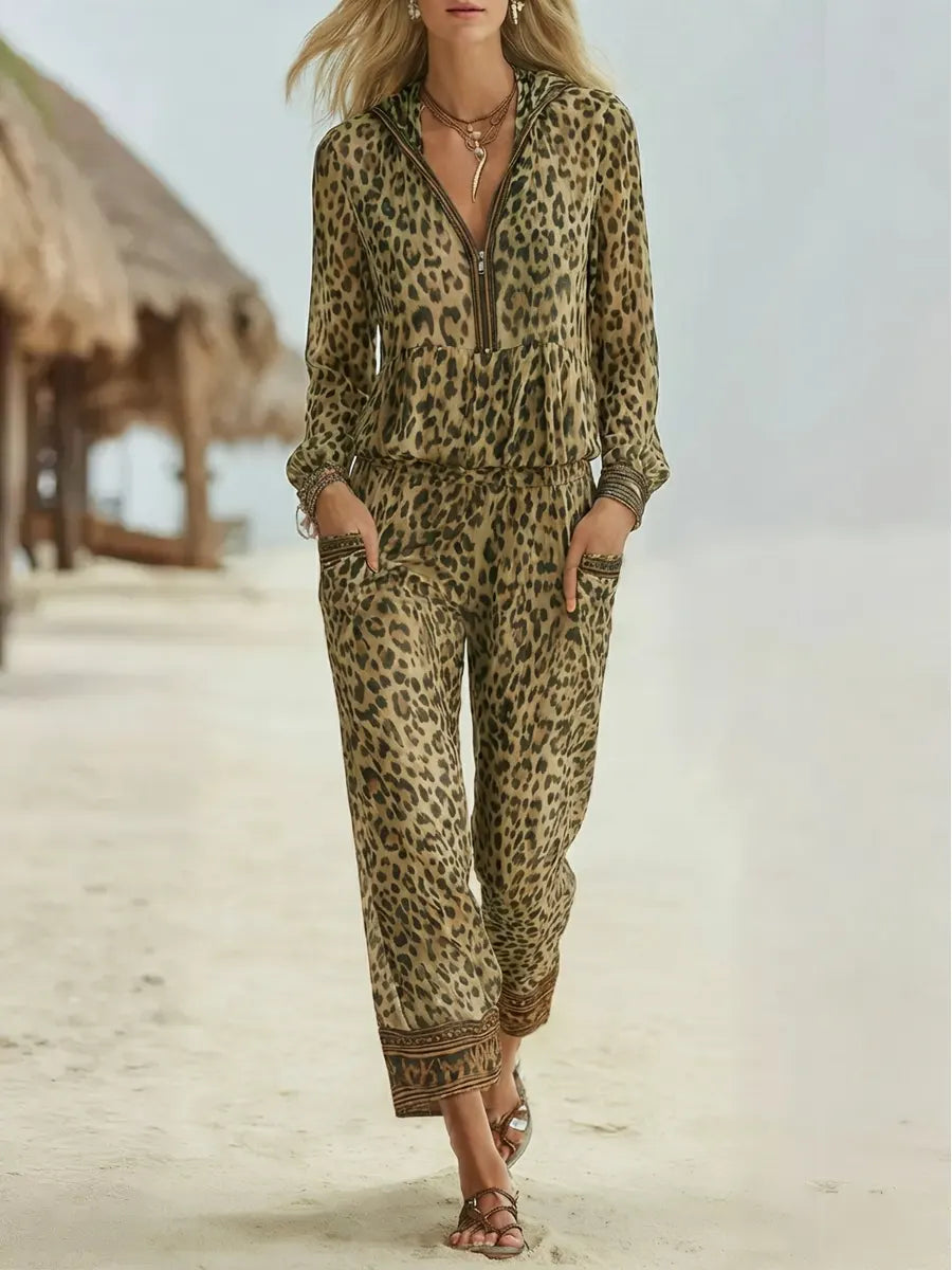 Women's Retro Leopard Art Print Hooded Zip Casual Jumpsuit