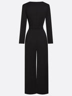 Women Black Rhinestone Square Neck Long Sleeve Dressy Jumpsuit