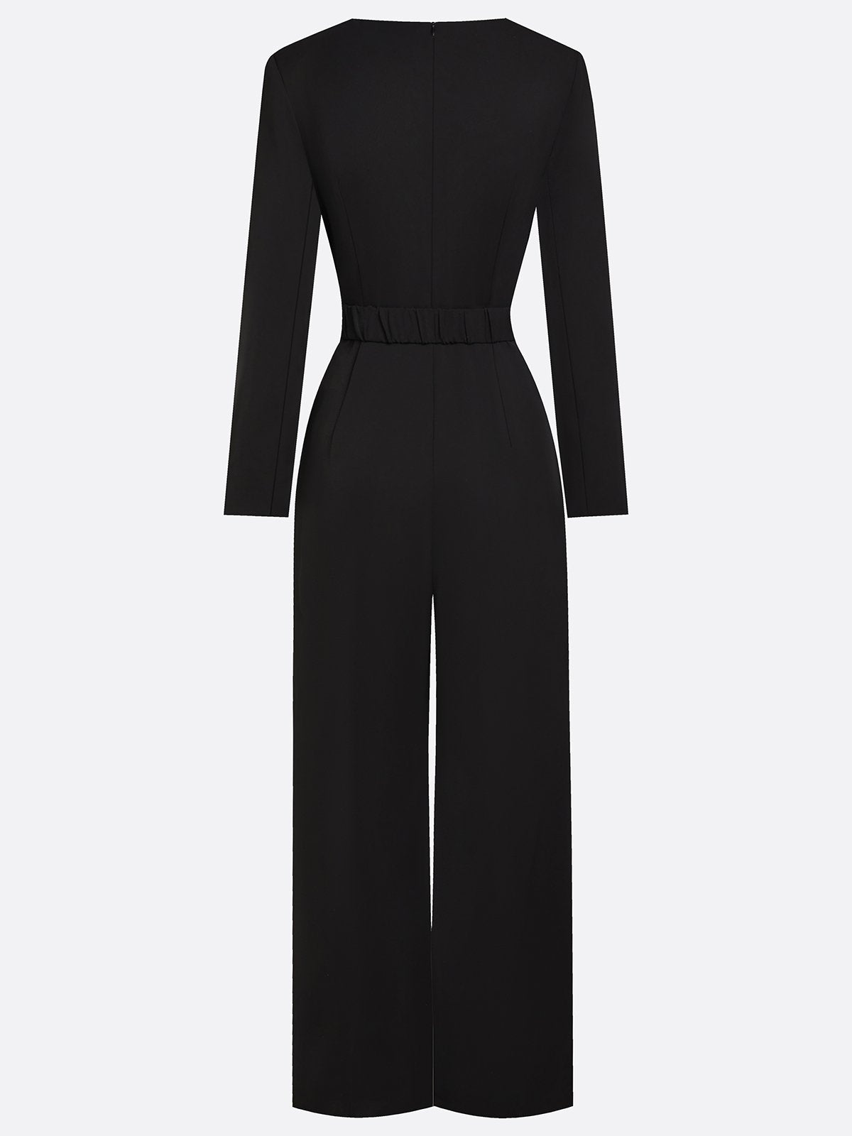 Women Black Rhinestone Square Neck Long Sleeve Dressy Jumpsuit