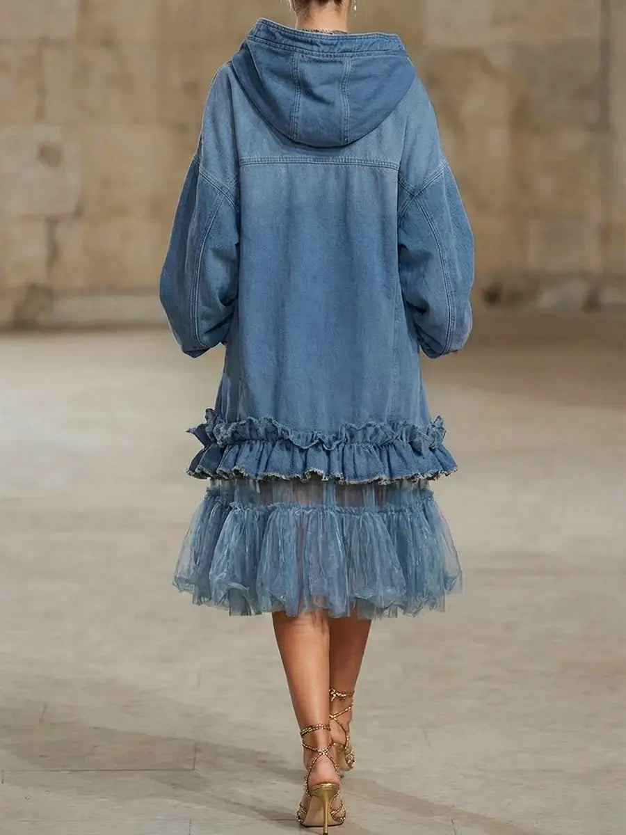 Women's Retro Hooded Zip Ruffled Denim Organza Patchwork Art Casual Maxi Dress