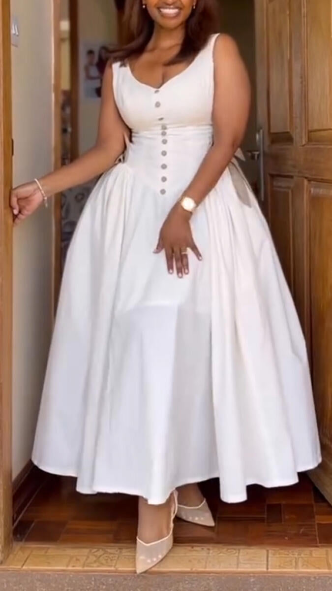 Womens V-neck Buckle Splicing Waist Cinching Elegant Casual Dress