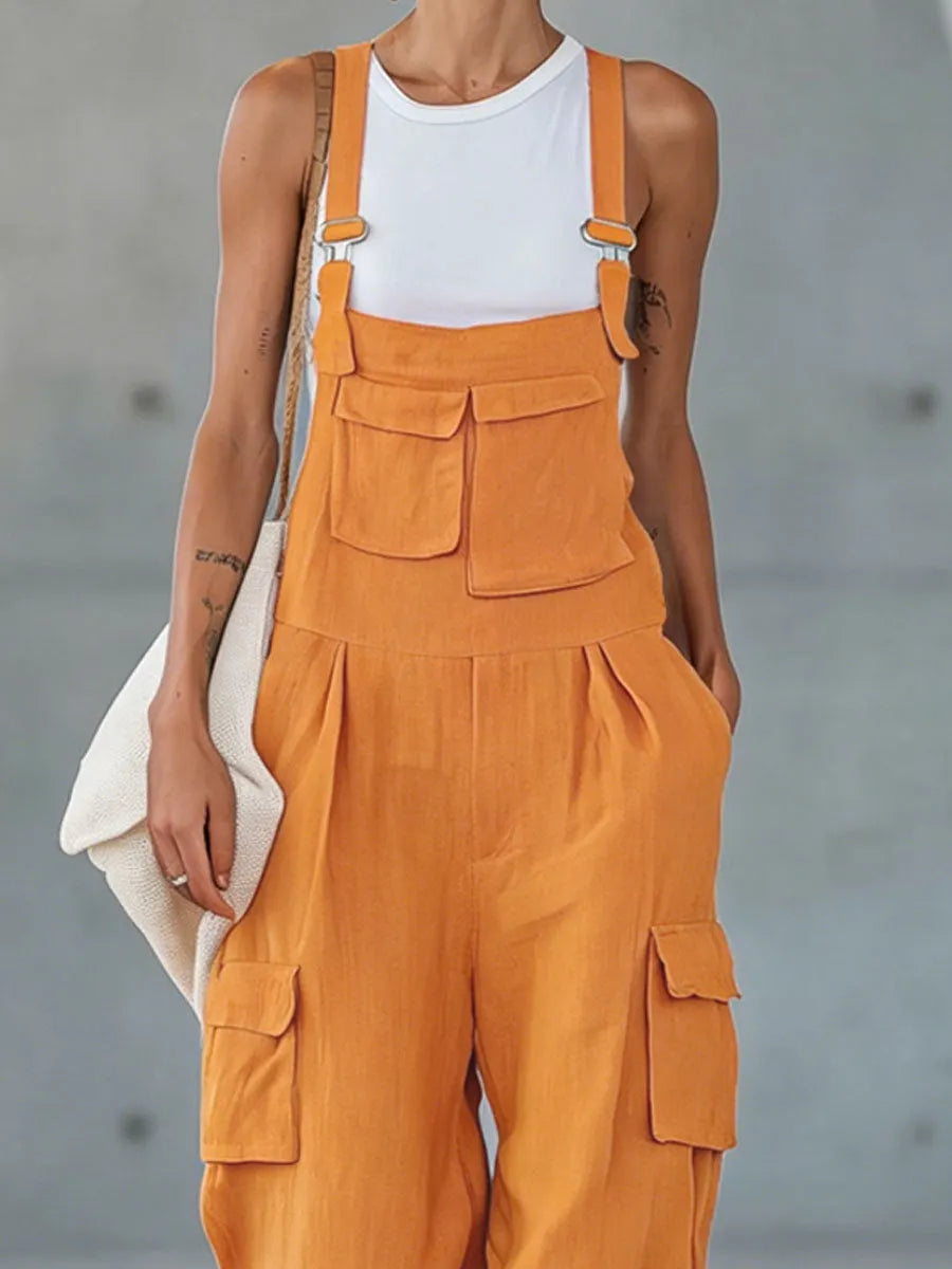 Orange Cotton-linen Multi-pocket Wide-leg Overalls