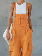 Orange Cotton-linen Multi-pocket Wide-leg Overalls