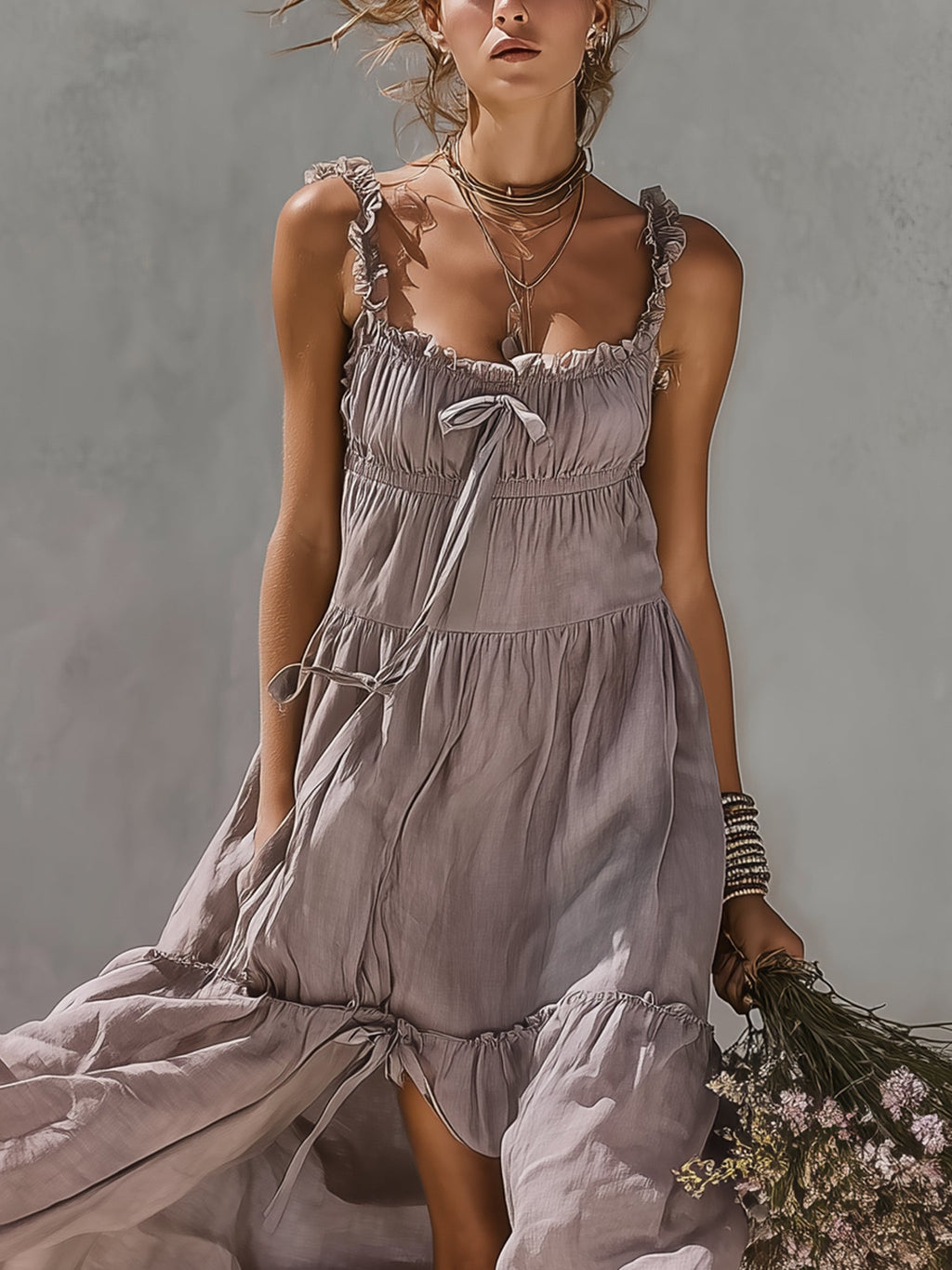 Purple lace-trimmed slit camisole maxi dress