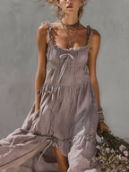 Purple lace-trimmed slit camisole maxi dress