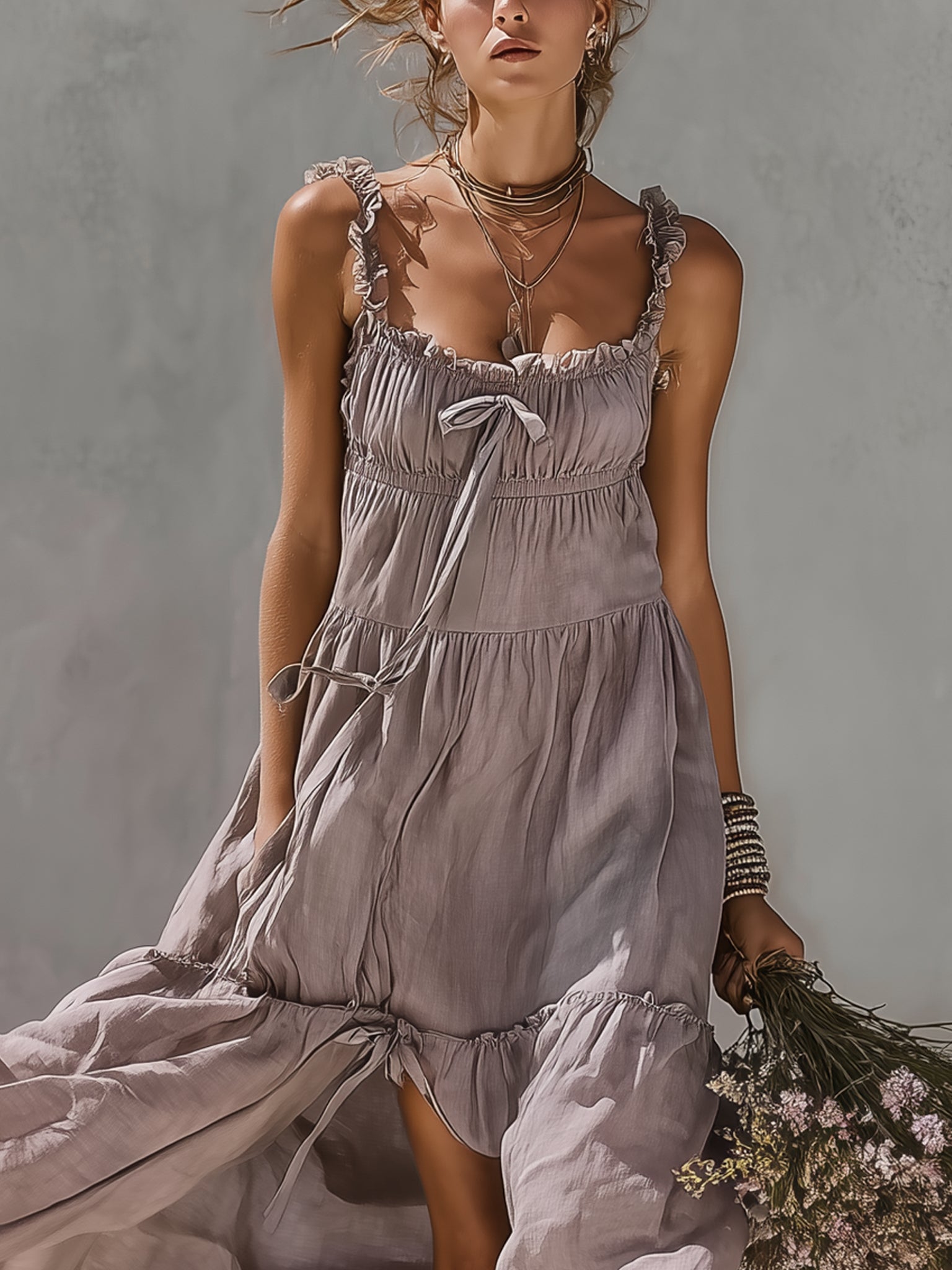 Purple lace-trimmed slit camisole maxi dress
