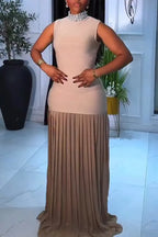 Women Round Neck Diamond Patchwork Pleated Elegant Temperament Floor Length Maxi Dresses