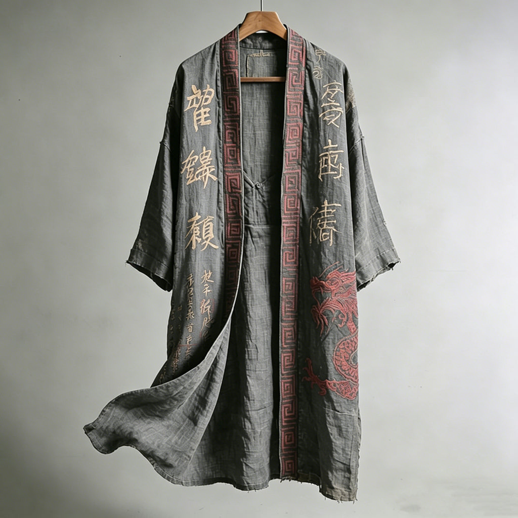 Men's Japanese Dragon Pattern Calligraphy And Painting Art Linen Long Kimono