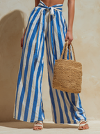 Women's Resort Style Blue And White Striped Strapless Wide-Leg Pants Suit MDZ0963B1BA