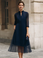 Mandarin Collar Sheer Overlay Midi Dress