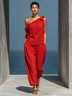 Women’s Red Linen Two-Piece Set: Asymmetrical One-Shoulder Top (Without Neck Scarf) & Wide-Leg Pants With Pockets MDZ2201D4T