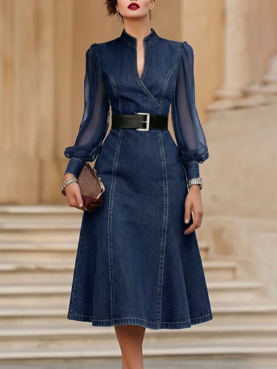 Stylish Denim Dress With Organza Sleeve Panels.