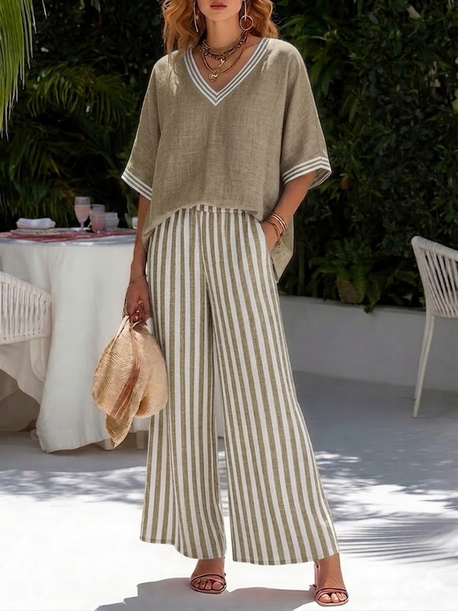 Casual Two-piece Set: Striped Linen & Cotton Patchwork Top And Striped Trousers— Look Put Together in 5 Seconds