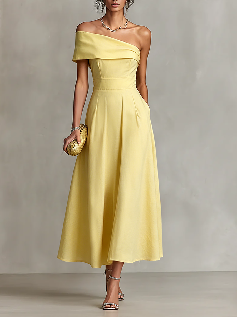 Women's Yellow Linen Dress With One-Shoulder Neckline & Fitted Waist, Timeless Elegant-Chic Style Dress MDZ2630B3I