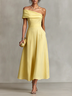 Women's Yellow Linen Dress With One-Shoulder Neckline & Fitted Waist, Timeless Elegant-Chic Style Dress MDZ2630B3I