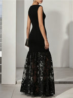 Boat Neck Black Lace Applique Knit Maxi Dress
